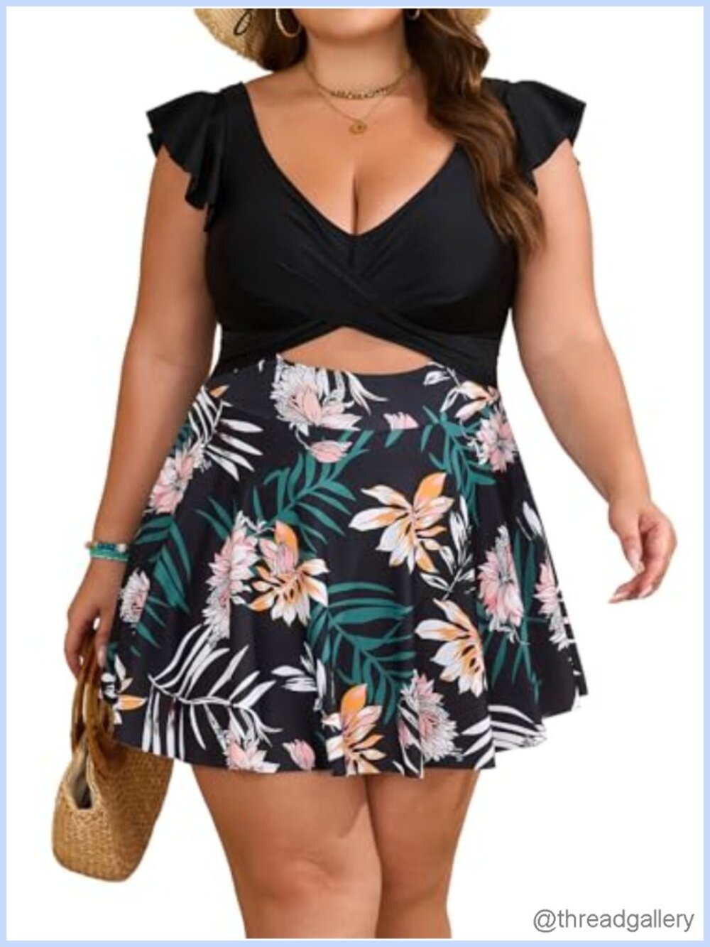 Plus Size Swim Dress Tummy Control Cutout Ruffle Sleeve One Piece Skirt Swimsuit